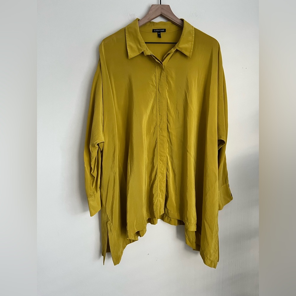 Eileen Fisher Silk chartreuse green button up blouse long sleeve oversized L